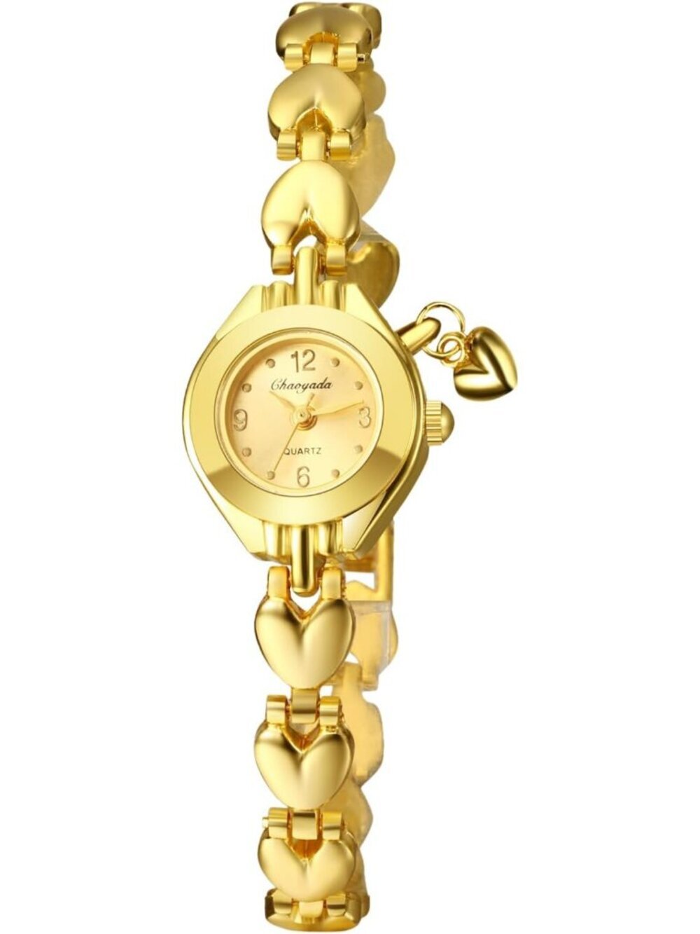 Women's Gold Analog Quartz Stainless Steel Heart Pandant Bracelet Wrist Watch